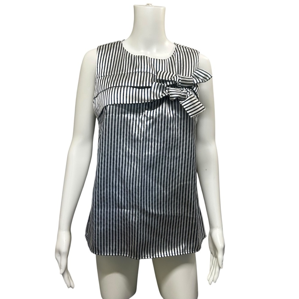 Banana Republic Satiny Silvery White Black Striped Bow Sleeveless Blouse Size M